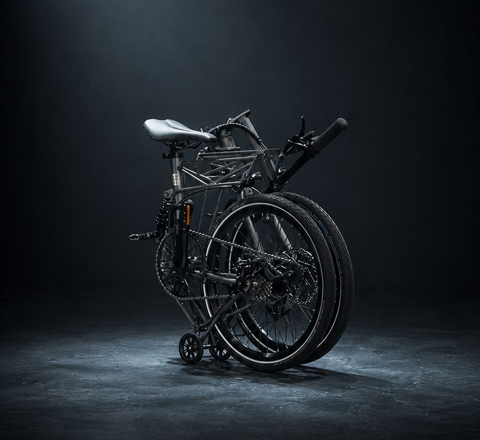Tetra bicycle folded compactly with its wheels nested together
