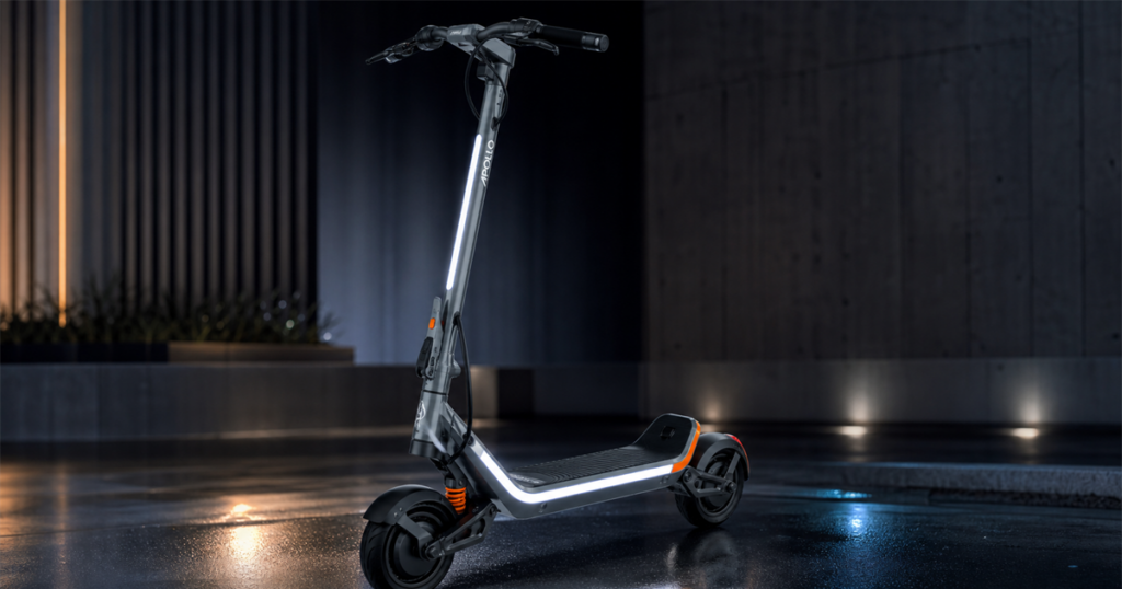 Apollo City Stellar dual-motor electric commuter scooter in a dramatic studio-style scene