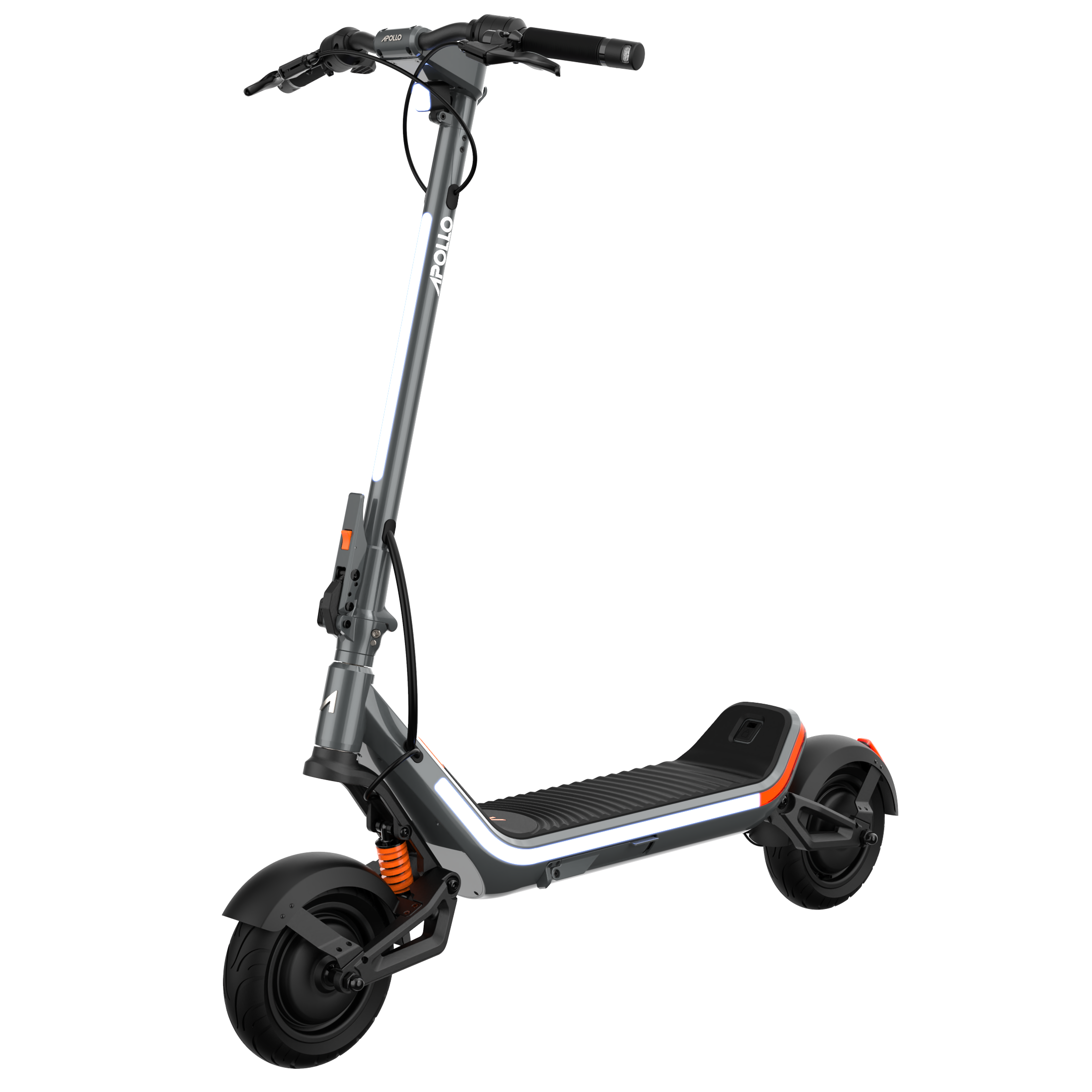 Angled view of the Apollo City Stellar electric scooter with orange suspension accents