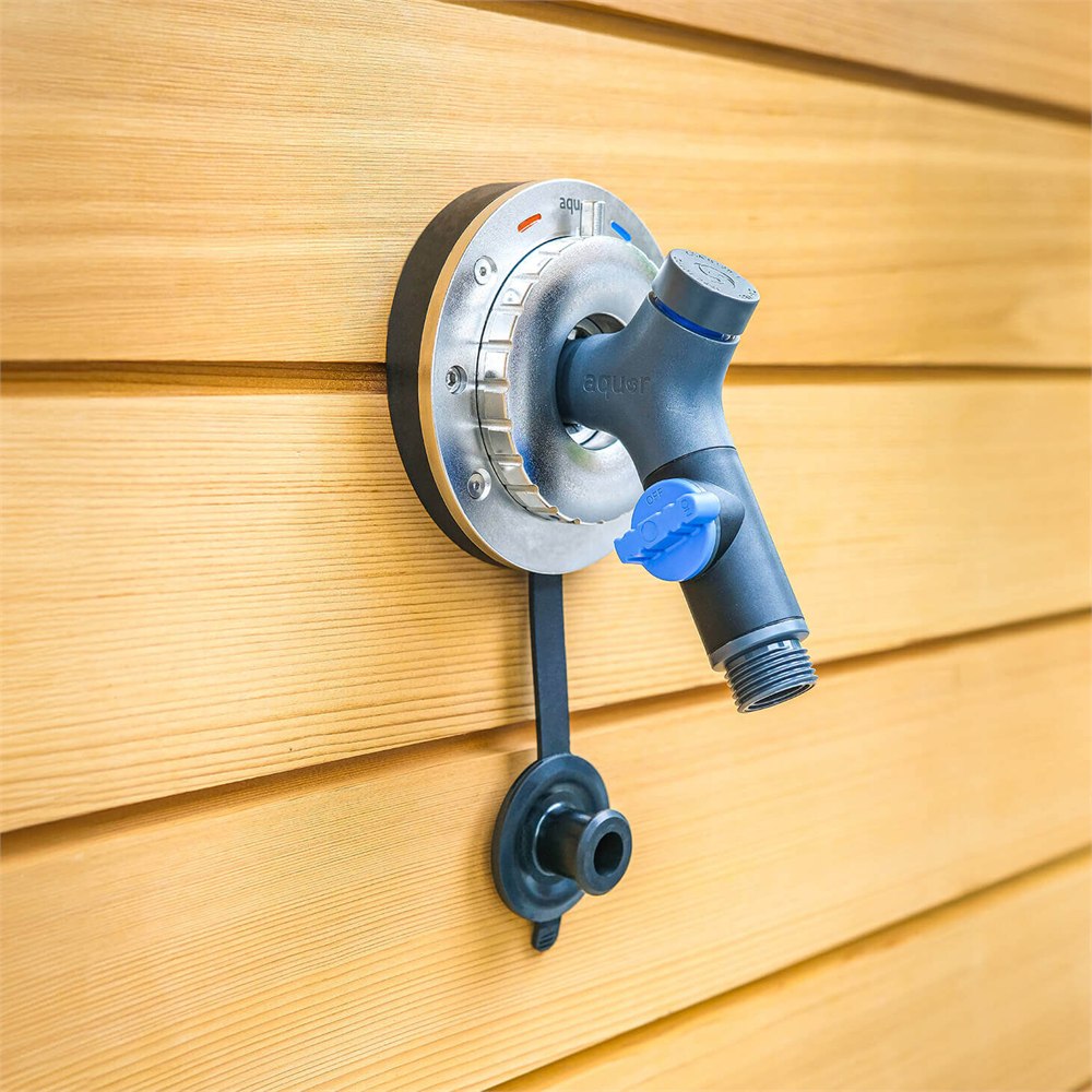 Aquor Hot+Cold Hydrant connector on wood siding