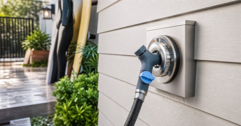 Aquor Hot+Cold outdoor hydrant connected to a hose on exterior siding
