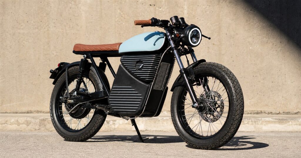 Beachman Aviator electric cafe racer in a clean editorial product scene