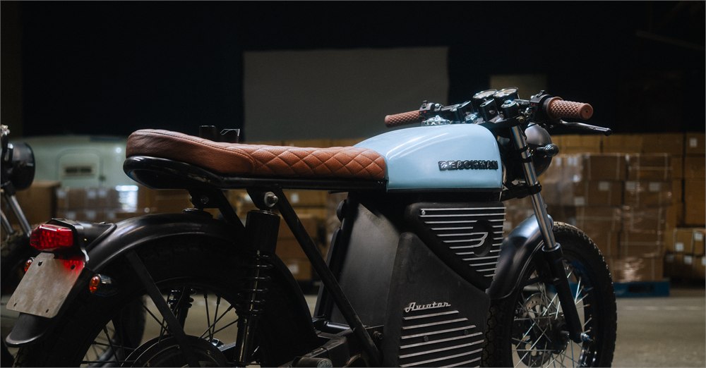 Beachman Aviator cafe racer detail view showing the seat, tank, and rear lighting