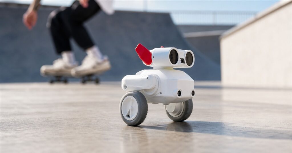Generated no-text product image of the Beni all-terrain camera robot on a sport court