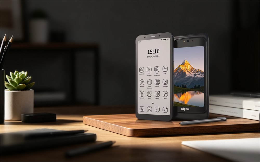 Bigme HiBreak Dual 2 on a desk with both screen types visible