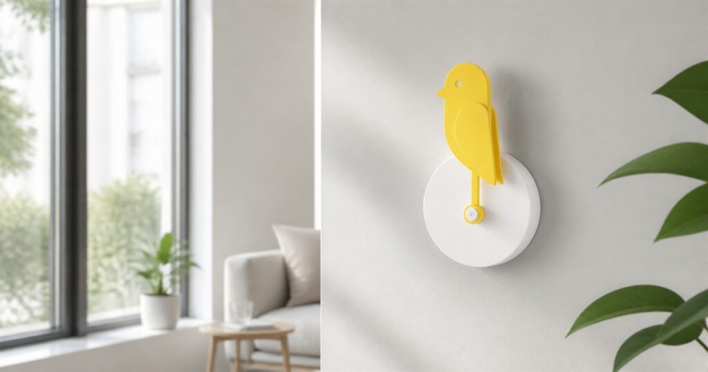 Birdie Pro air quality monitor with yellow canary on a wall
