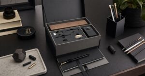 Blackwing Crate Gift Set opened on a premium desk with pencils, notebooks, sharpeners, erasers, and writing accessories.