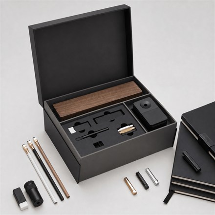 Square view of the Blackwing Crate Gift Set with its matte black crate, walnut pencil display, pencils, notebooks, and accessories.