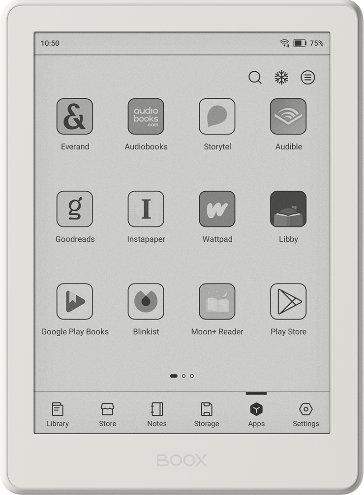 BOOX Go 6 Gen II e-reader showing Android app icons on the E Ink screen