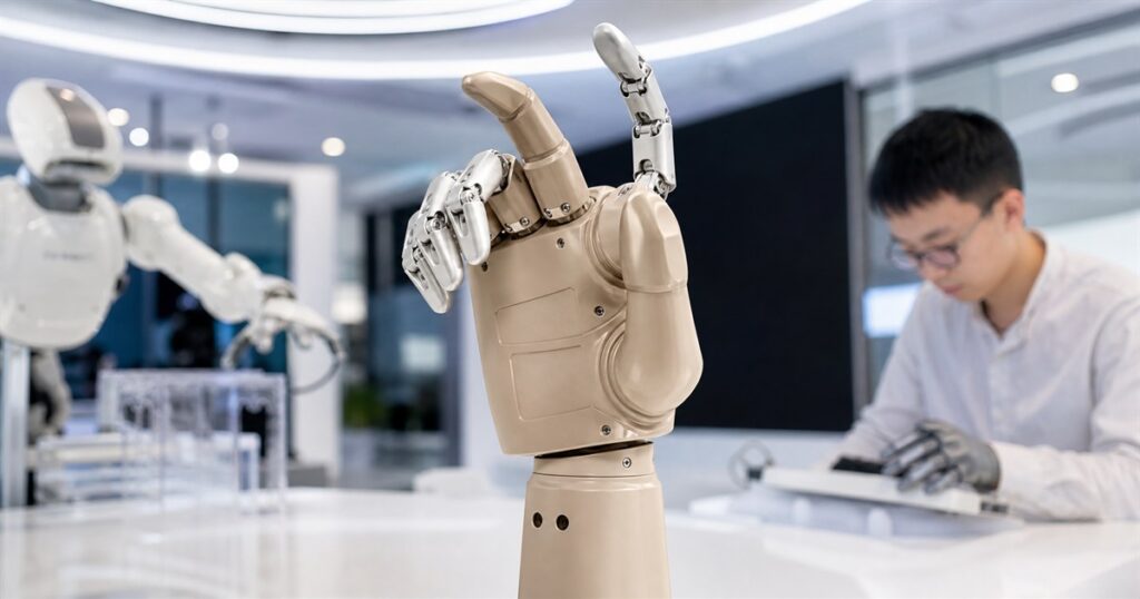 BrainCo Intelligent Bionic Hand shown in a clean robotics lab setting