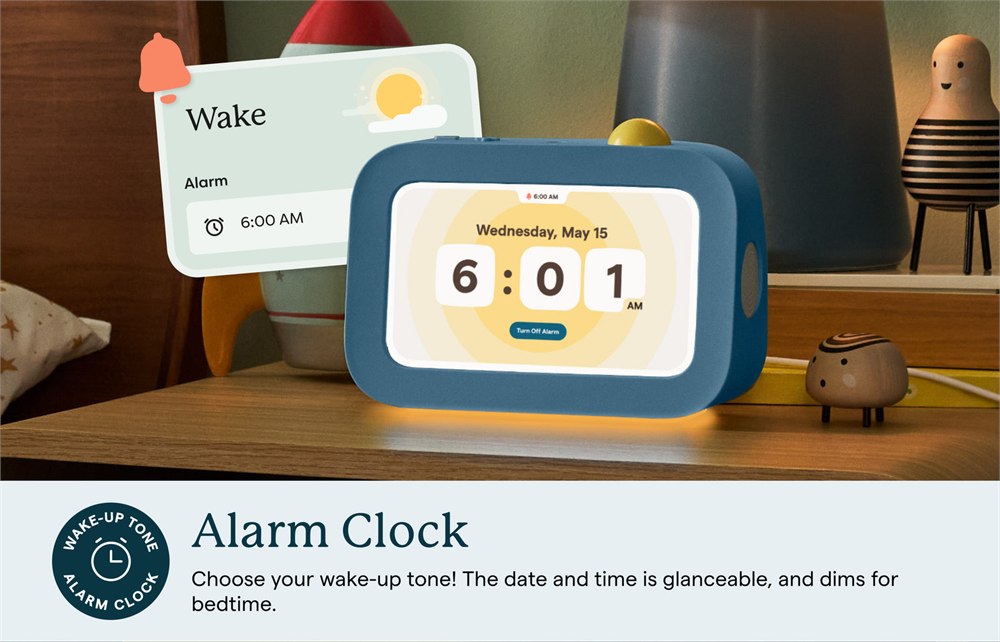 Skylight Buddy alarm clock screen on a bedside table