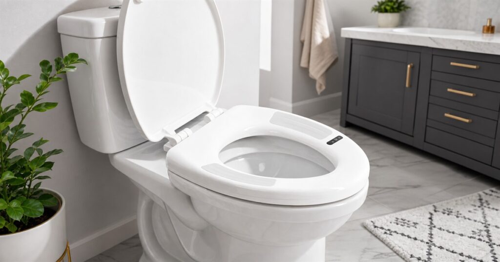 Generated no-text editorial image of the Casana Smart Seat in a modern bathroom