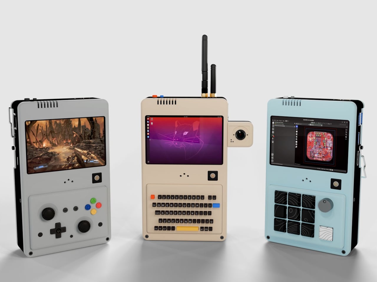 Three Mogozen CG Deck handheld PC units with gamepad, keyboard, and macro pad modules