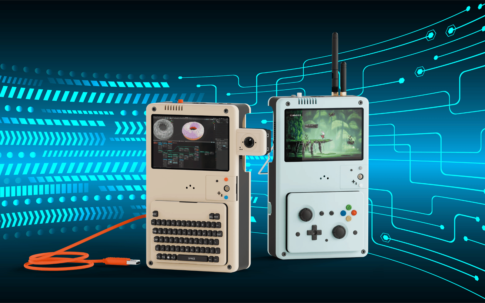 Mogozen CG Deck modular handheld PC render with keyboard and gamepad configurations