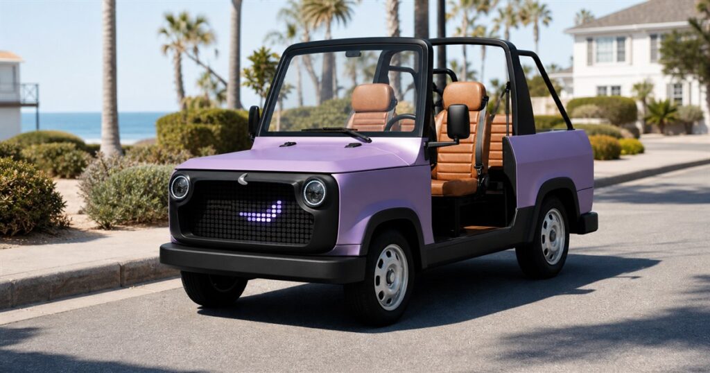 A purple Chip Life Utility Vehicle on a sunny neighborhood street near the coast