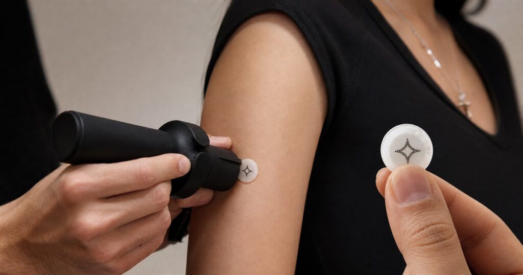 A tiny circular microdot tattoo patch being applied with a black applicator