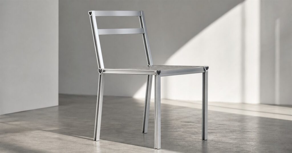 Limited edition aluminum chair with heart-shaped frame details in a minimal studio