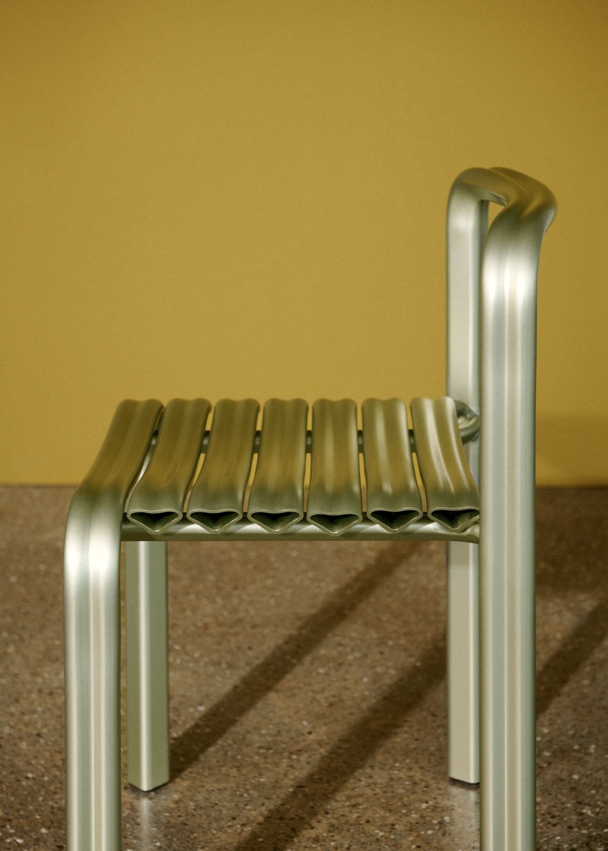 Aluminum frame and seat details of the Muuto Close to Heart chair