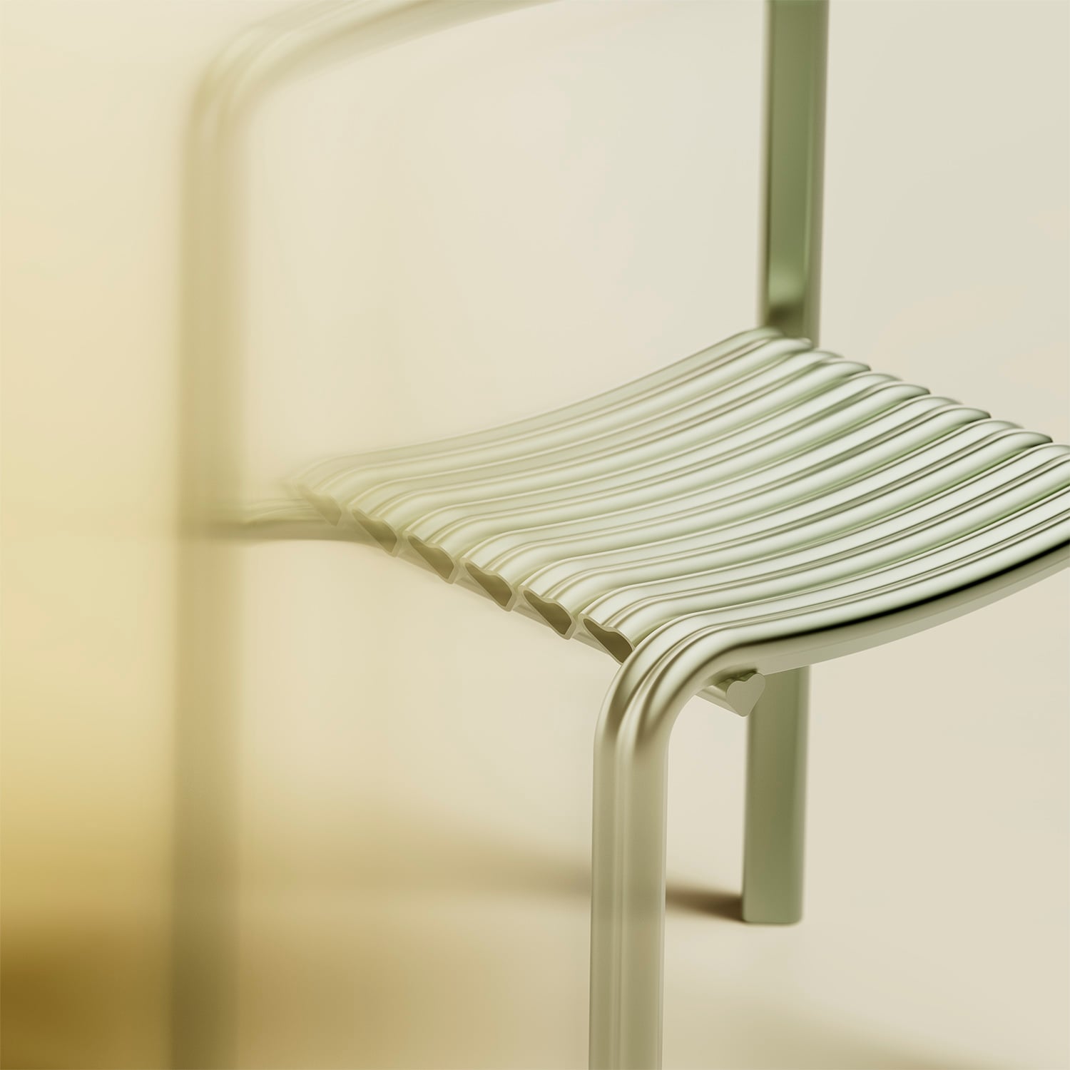 Close view of the limited edition chair showing its silvery aluminum construction