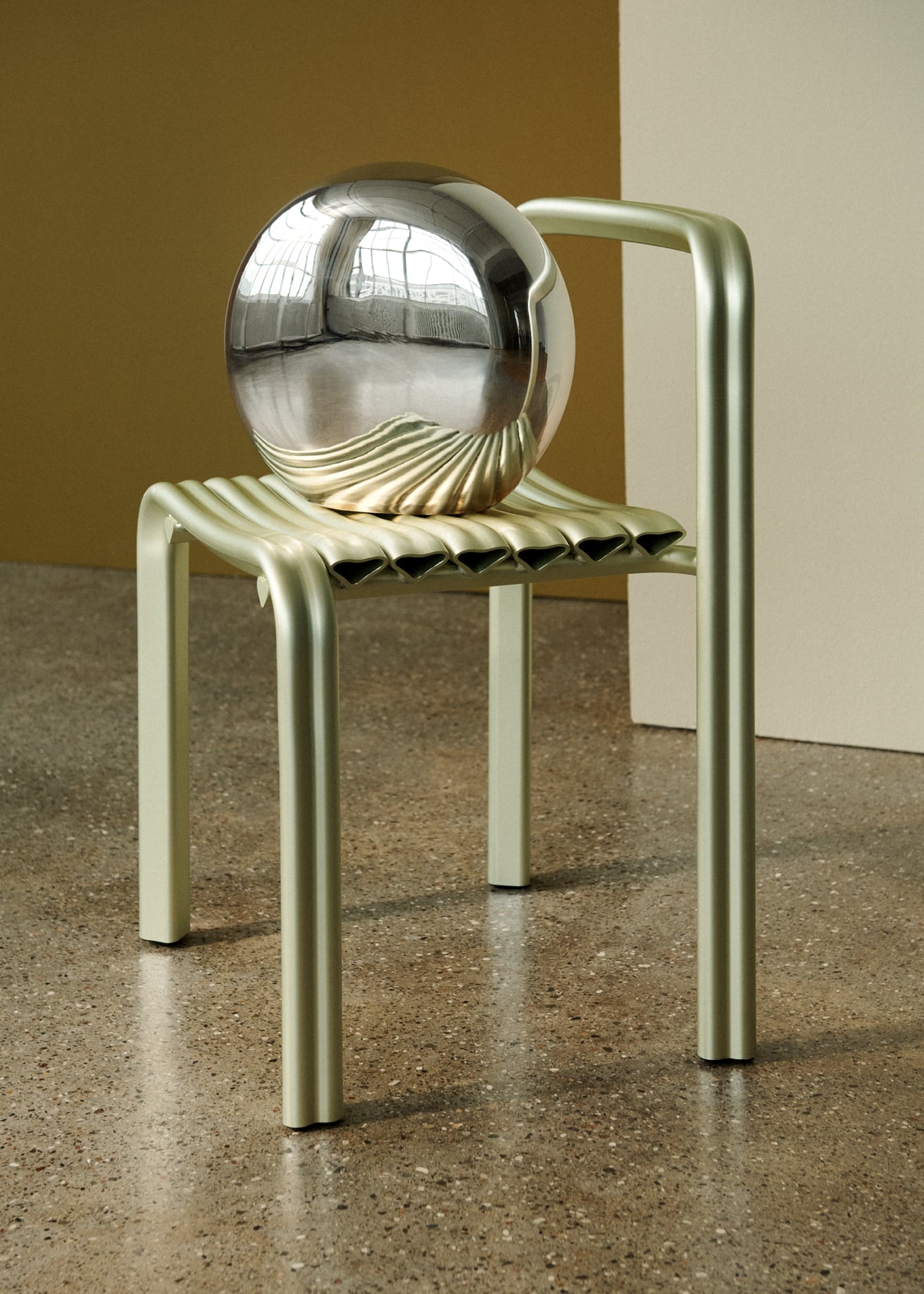 Inner view of the Muuto x Spacon chair showing heart-shaped aluminum profiles