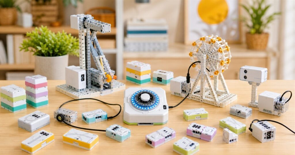 CODEE screen-free magnetic coding blocks and robot parts on a maker table