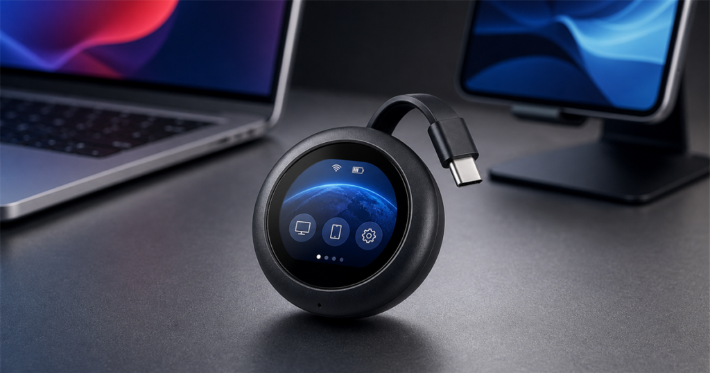 GL.iNet Comet Q round USB-C mobile remote KVM on a desk with laptop and phone