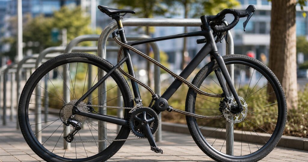 Cordalock whole-bike lock securing a bicycle to a city rack