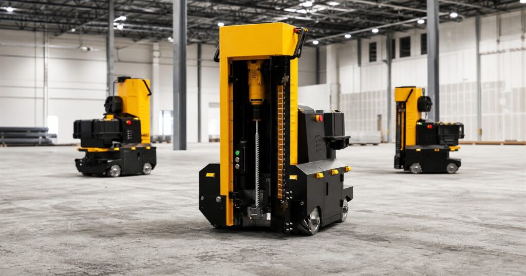 DEWALT and August Robotics DALE autonomous drilling robot on a concrete construction floor