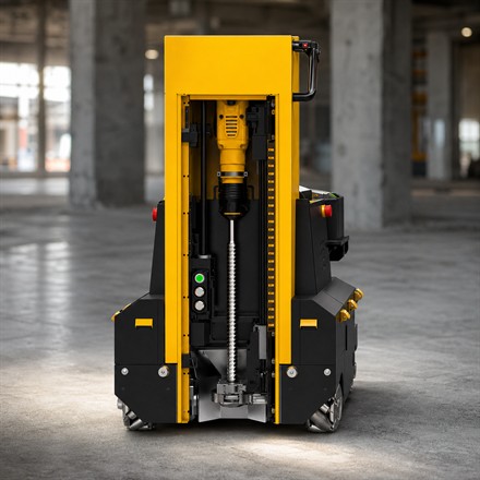 Close-up of the yellow and black DALE autonomous drilling robot
