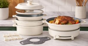 Dash Stacks cookware set with electric burner in a compact kitchen