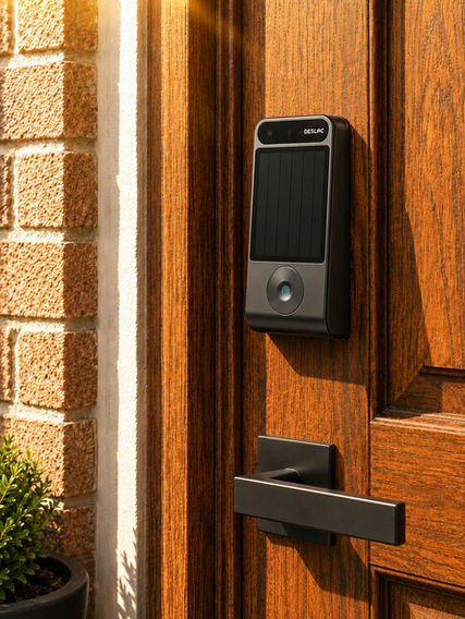 DESLOC V150 Plus installed on a wood front door