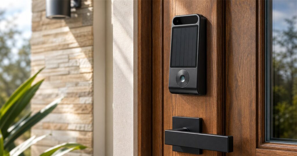 DESLOC V150 Plus solar smart lock installed on a front door