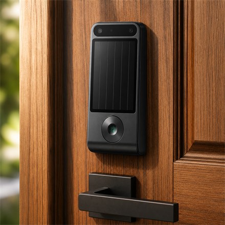 DESLOC V150 Plus solar smart lock close-up on a wooden door