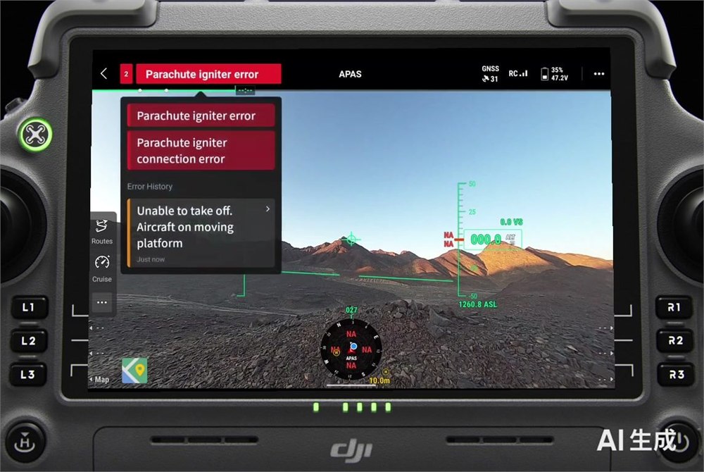 DJI Pilot 2 screen showing flight termination and AP100 parachute controls