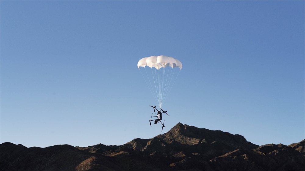 DJI AP100 parachute deployed above the Matrice 400 during testing