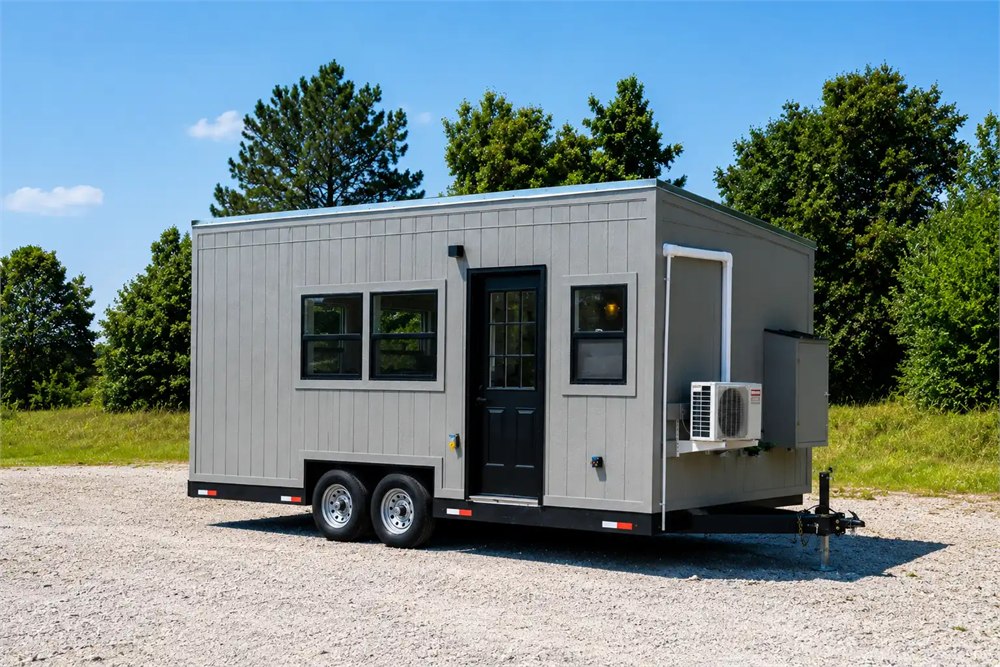 The Dragon Tiny Homes Fairfax 20 compact gray tiny home on its trailer