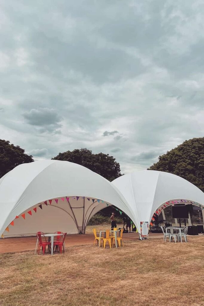Entrance view of the DreamDomes Crossover L arched event dome
