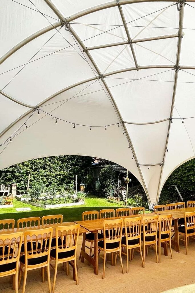 Interior view of the DreamDomes Crossover L event dome with open floor space