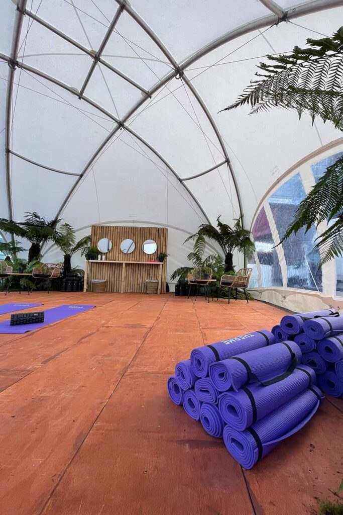 White fabric canopy and arch supports on the DreamDomes Crossover L dome