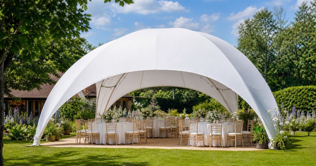 Large white arched event dome covering outdoor dining tables in a garden