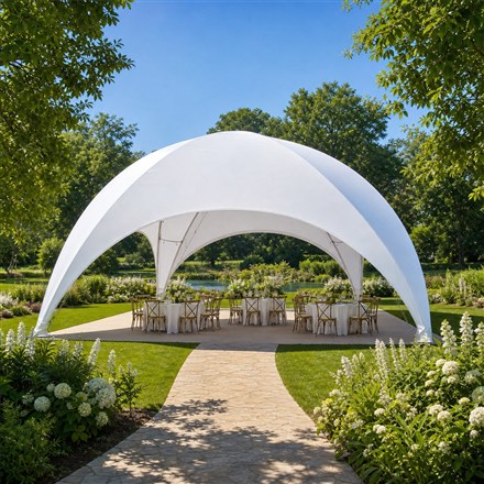 Square thumbnail of a white arched event dome in a garden setting