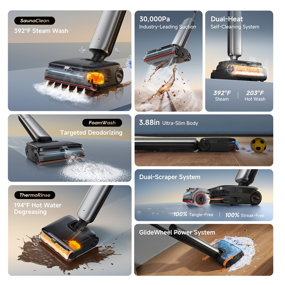 Dreame Aero Ultra Steam feature overview for steam, hot water, foam, suction, and slim cleaning