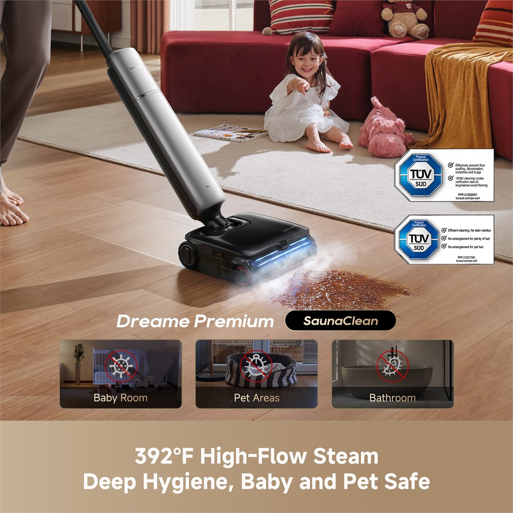 Dreame Aero Ultra Steam cleaning a hard floor with steam near a living area
