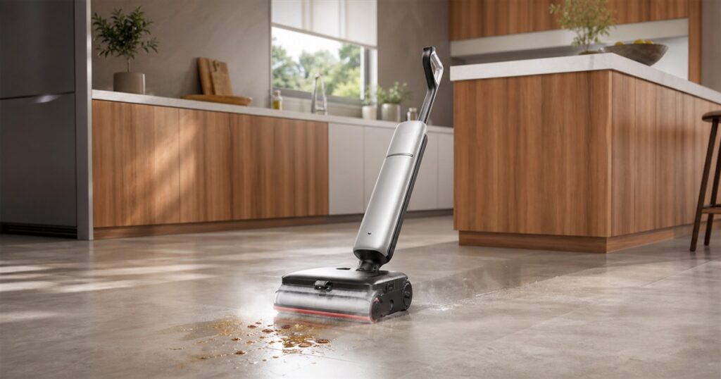 Steam wet-dry vacuum cleaning a hard floor with visible steam