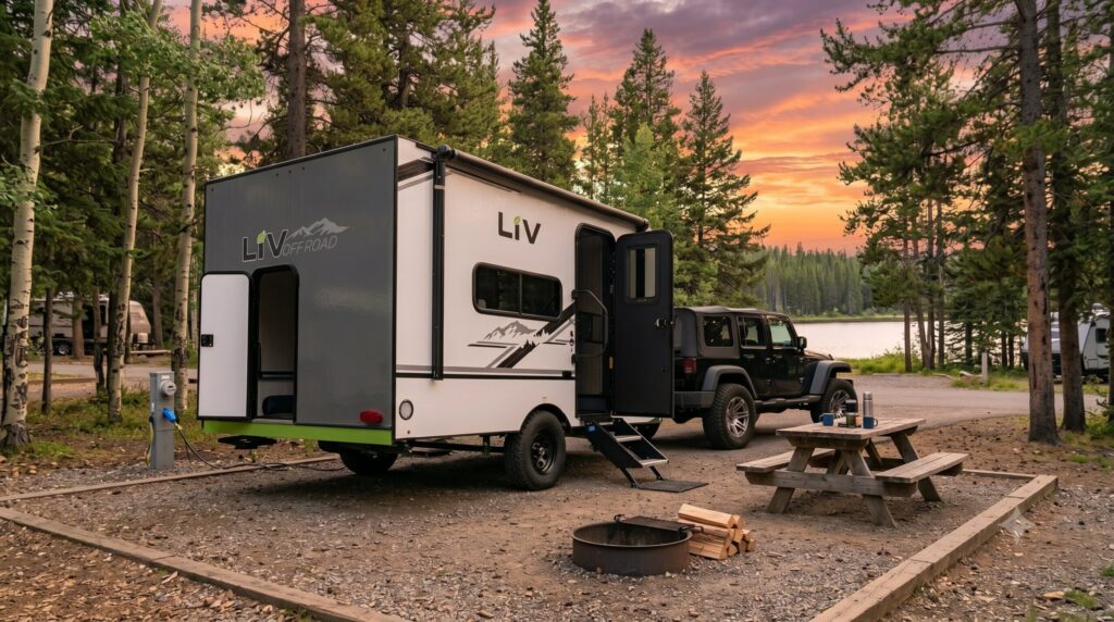 LIV E-Leaf OffRoad electric camper trailer parked at a wooded campsite