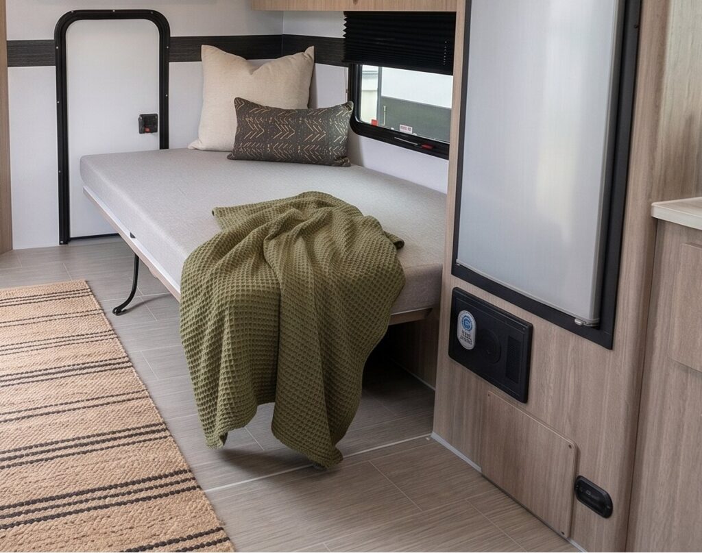 Murphy bed and bar seating inside the LIV E-Leaf OffRoad camper