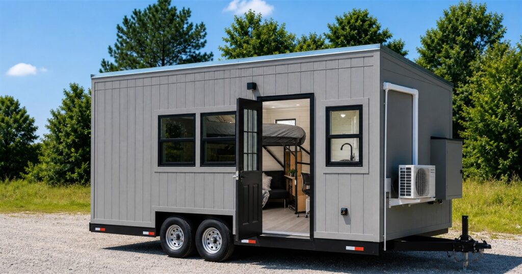 Dragon Tiny Homes Fairfax 20 raised-bed tiny home exterior with open doorway