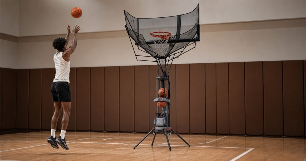 Generated no-text image of the LUMISTAR CARRY basketball training robot on a court
