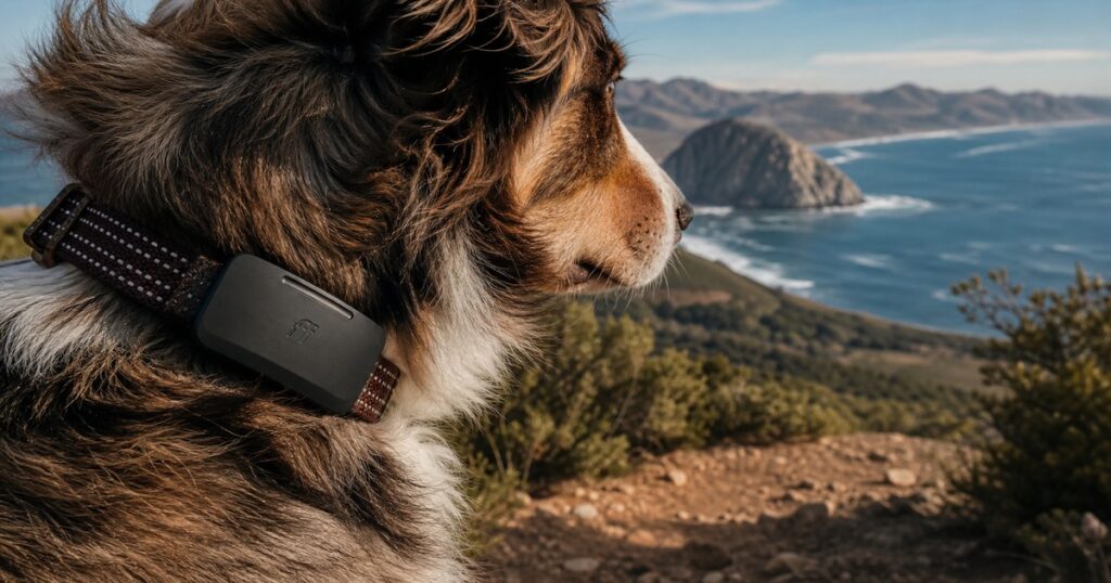 Fi Ultra satellite dog tracker on a dog collar during a remote trail hike