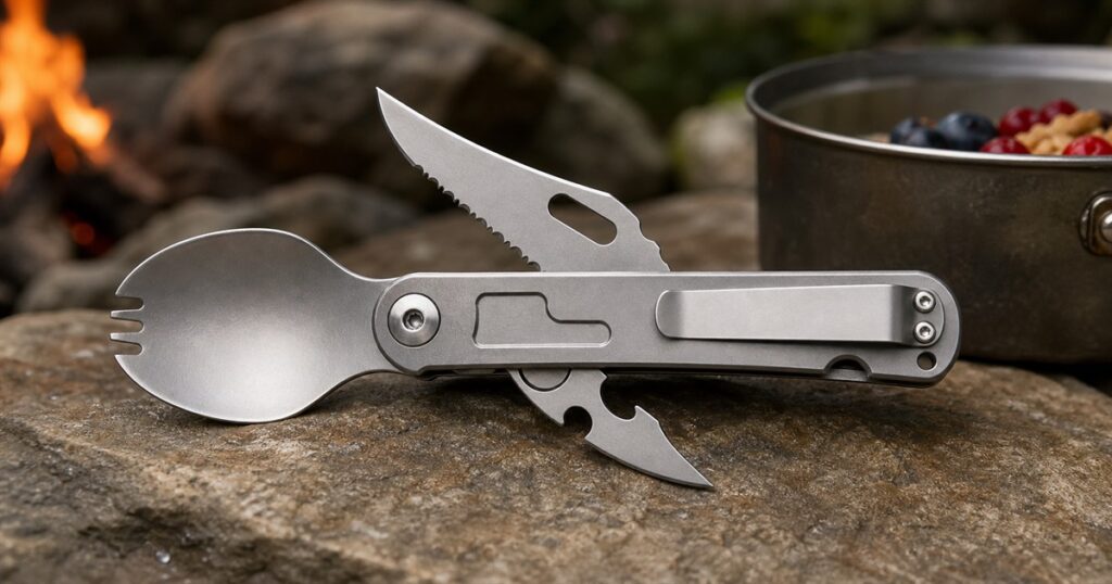 ProperGear FieldSpork titanium folding spork multitool on a camp table